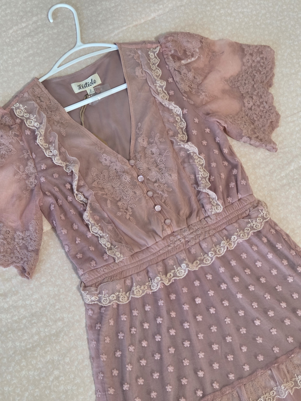 NWT Listicle Dusty Rose Lace Mesh Tiered Maxi Dress Sz S 🌸 Romantic Boho-Chic